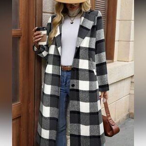 Maje Plaid Midi Coat Black White Check Longline Duster